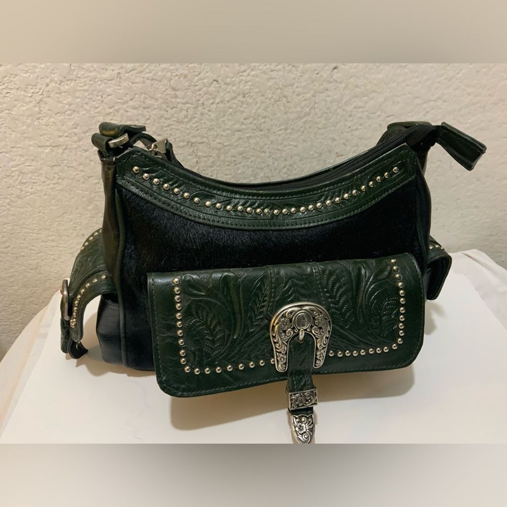 American West Black Hair-On Cowtown Green Tooled Leather Zip-Top Shoulder Bag